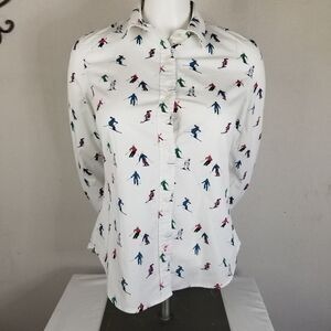 1901 Skier Print Button‎ Front Long Sleeve Blouse